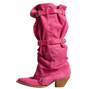 Nouvelles bottes d'équitation pour femmes à bout pointu, confortables, à talon épais, hauteur genou, avec passants de ceinture, pour mollets larges, collection Printemps, style mode Europe-Amérique - Product Image 4