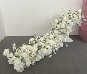 Custom Event Backdrop Centerpieces Decoration Floral Artificial Silk Flower Row White Red Flower Table Runner For Wedding