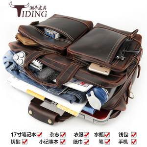 Tiding Men's Genuine Leather <b>Briefcase</b> 17 Inch Laptop Bag Large Capacity Business Travel Shoulder Crossbody Bag - Product Image 5