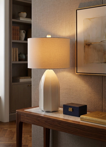 Glossy White Table Lamp Column <b>Plug</b> <b>in</b> Modern Table Lamp Ceramic Table Lamp <b>Led</b> Table Lamp with Shade for Living Room - Product Image 4