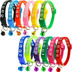 Manufacturer wholesale multi-colors paw print adjustable nylon cat dog collar with bell