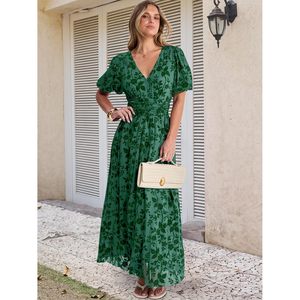 Vestido Maxi Floral para Mujer, Cuello en V, Cintura Imperio, Chifón, Línea A, Verano, Formal, para Invitadas de Boda, Fiesta - Product Image 4