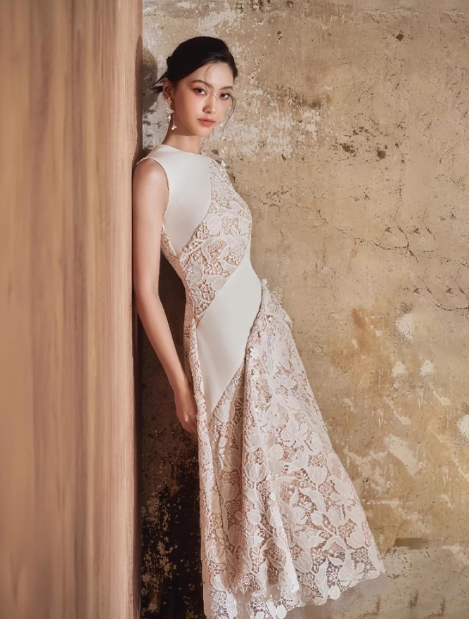 modern empire dress 2025 New Modern Empire A-Line Asymmetrical Slim Fit Lace & Floral Satin  Sleeveless Anti-Static Elegant Party Dress Knee-Length| Alibaba.com