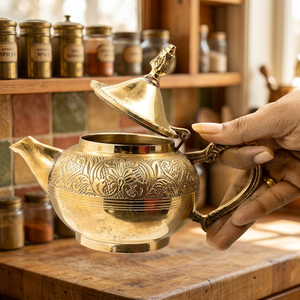 Oriental Brass Tea <b>Pot</b> With <b>Lid</b> And Handle Decorative Metal Kettle For Tea Serving - Product Image 4