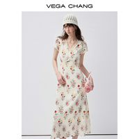 Robe midi florale colorée VEGA CHANG pour femme, col en V, bordure en dentelle festonnée, taille haute, jupe évasée fluide