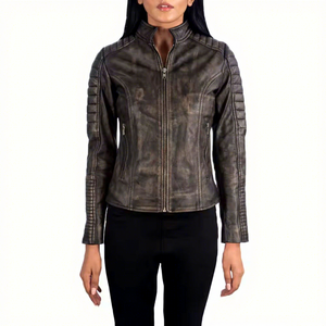 Nouvelle veste biker en cuir véritable vieilli pour femme, avec manches côtelées, col montant, en peau de mouton, poches zippées, coupe ajustée, vêtement d'extérieur personnalisé - Product Image 1