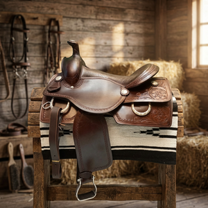 Selle de cheval en cuir repoussé style western 2026 - Selle de cowboy à motifs floraux avec étriers - Product Image 1
