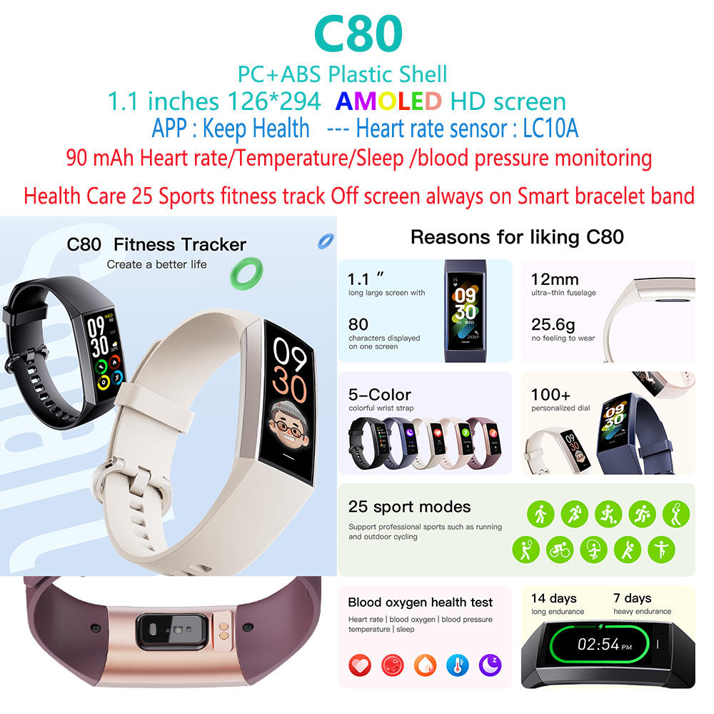 C80 Deporte Fitness Tracker pulsera inteligente banda de reloj