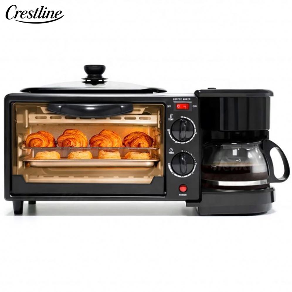 Stainless Steel 3-in-1 Electric Oven Toaster Coffee Maker with Frypan Household Multifunction Breakfast Maker