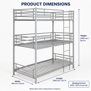 3 Tier Metal <strong>Bunk</strong> <strong>Bed</strong> 200x90cm <strong>Triple</strong> Sleeper Steel Frame <strong>with</strong> Ladder for Dormitory Hostel Staff Housing - Product Image 2
