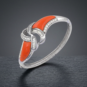 Vintage 925 Sterling <b>Silver</b> <b>Cuff</b> <b>Bracelet</b> with Coral Inlay Diamonds Geometric Design Women's Jewelry Gift - Product Image 1