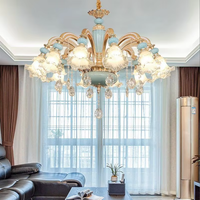 Lustre en céramique bleue de style européen, luminaire suspendu multi-têtes de luxe, lampe de plafond classique artistique pour villa, hall d'hôtel
