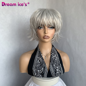 Perruque courte en cheveux synthétiques ondulés lisses gris clair blond, <span class=keywords><strong>coupe</strong></span> pixie, sans <span class=keywords><strong>frange</strong></span>, sans dentelle, pour femmes, en couches, résistante à la chaleur - Product Image 1