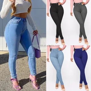 Atacado venda quente jeans feminino de cintura alta estiramento jeans skinny Azul retro lavagem estiramento calças lápis fino