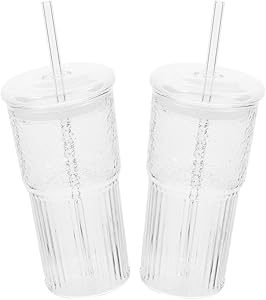 Alta borosilicato verticale a strisce di vetro trasparente tazza per bere con disegno e coperchio di vetro - Product Image 3