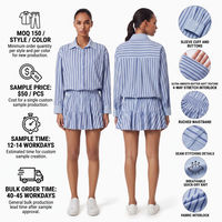 Supplier Pakaian Olahraga Mewah Khusus Wanita Set Dua Potong Serasi Biru Bergaris Kemeja Kancing Lengan Panjang Rok Mini Bahan Stretch 4 Arah