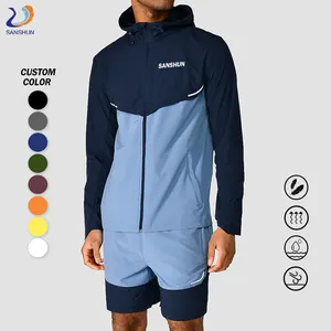 Chándal personalizado para hombre, conjunto de pantalones cortos cortavientos reciclado ligero gimnasio Fitness deporte entrenamiento Uv verano correr Jacke con capucha