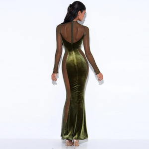 Women's Sexy Hollow Out See Through Long Sleeve Backless Evening Dress Natural Waist Splicing Design Autumn Style - Product Image 2