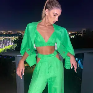 Hot Women's Fashion Long Sleeve Blazer Bra Slim Hollow Out Trouser Suits Green Pants 3 Piece Sets