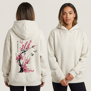 Heather Gray Women Hoodie Sweatshirt Cherry Blossom <b>Butterfly</b> Back Print Long <b>Sleeve</b> Pullover Casual Spring Style - Product Image 2