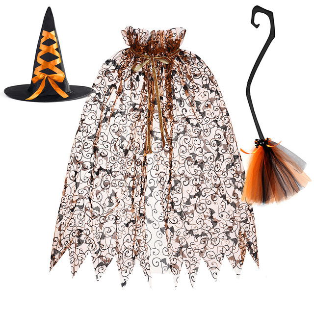 Huayi Brand Halloween Children's Unisex Magic Costume Set Wizard Hat Cloak Broomstick Kit Creative Cosplay Props for Wholesale