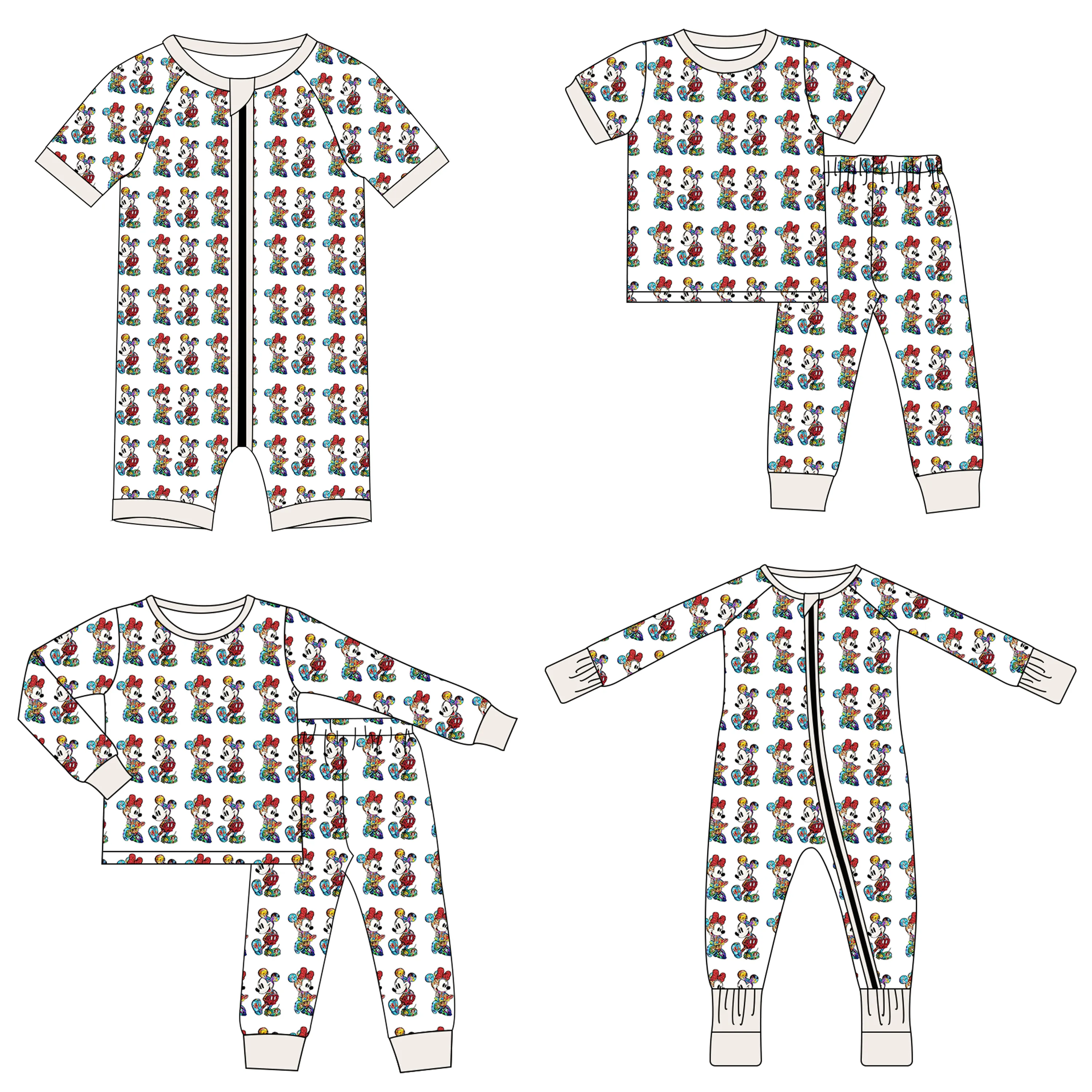 Personalizado bebé Navidad Boutique traje ratón estampado niños bambú zippys ropa de dormir manga larga pantalón 2 uds traje para niñas