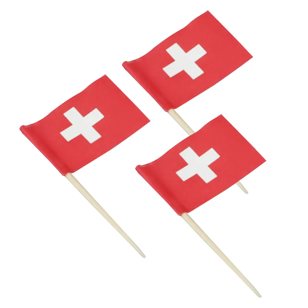 Özel logo benzersiz sandviç burger kürdan bayrakları İsviçre bayrağı ile ahşap kürdan