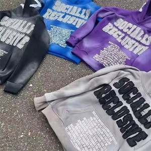 Sudadera con Capucha de Algodón Grueso de Alta Calidad, Estilo Vintage, Lavada al Ácido, con Parches y Corte Desgastado, Estilo Urbano - Product Image 3