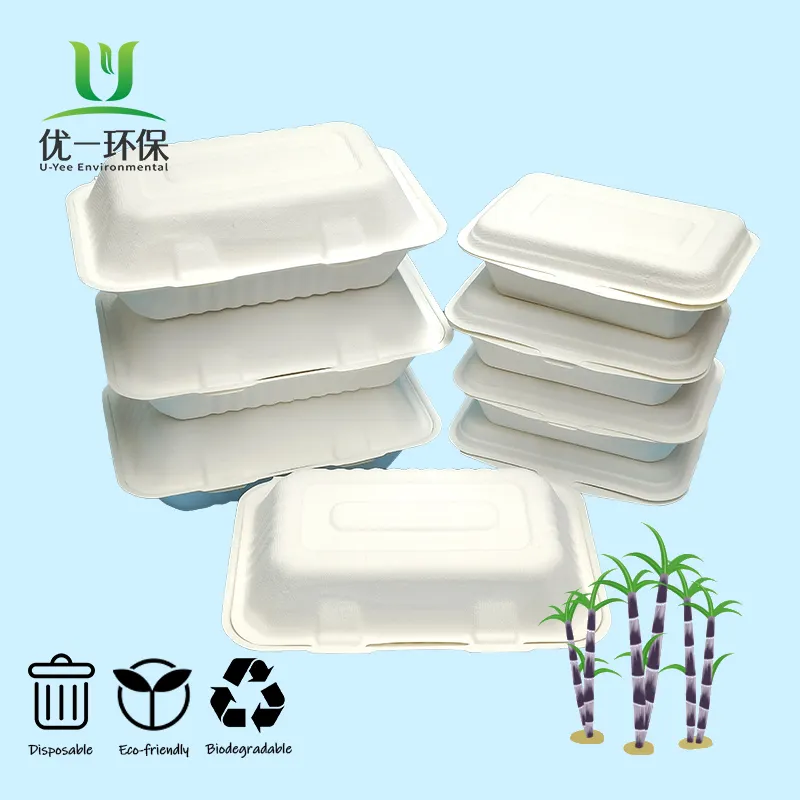 Caixa de hambúrguer descartável para almoço, bagaço de cana-de-açúcar, biodegradável, de qualidade alimentar, recipiente para embalagens de alimentos