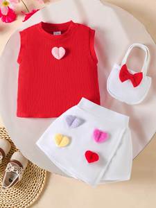 Set Tre Pezzi per <span class=keywords><strong>Ragazze</strong></span>: Top Senza Maniche a Costine con Motivo Cuori, Gonna Bianca con Cuori Colorati, Borsa - Outfit Casual Carino - Product Image 6