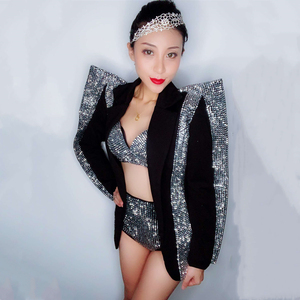 Traje <span class=keywords><strong>De</strong></span> Escenario Sexy Rhinestone Bikini Blazers Conjuntos Mujeres Club Traje Trajes Stripper Gogo Dancer Stage Performance Disfraces - Product Image 4