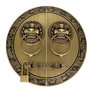 Poignée de porte en laiton de style chinois, design tête de lion, anneau de traction rond avec loquet et serrure pour porte en bois - Product Image 3