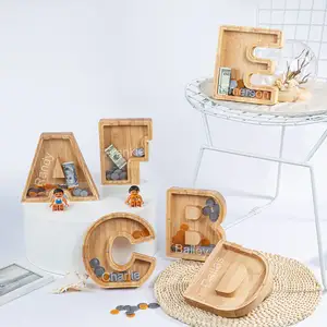 Cofrinho de moedas alfabeto de madeira personalizado, banco de moedas personalizado de madeira para crianças