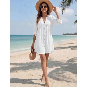 Women V Neck Button <b>Down</b> Swim Cover Up Three Quarter Sleeve Shirt Dress Loose Waist Beachwear Summer Outfit - Product Image 4
