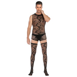 <b>Men</b> Sexy Bodysuit Black Nylon Spandex Printed See Through Stockings Plus Size <b>Erotic</b> Underwear - Product Image 5