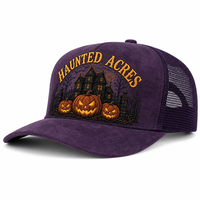 Casquette Trucker Unisexe 5 Panneaux en Daim Brodé Citrouille Effrayante Jack-o'-lantern pour Halloween, avec Visière Courbée Structurée en Maille