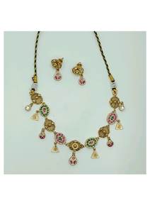 Ensemble de bijoux ethniques de mariée traditionnels en argent finition antique, collier ras-de-cou avec boucles d'oreilles assorties, pierres roses et vertes - Product Image 2