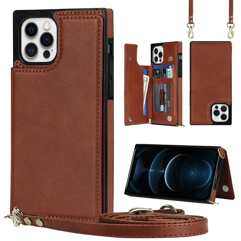 High Quality Square Leather Wallet Card Slot Crossbody Chain Case For iPhone 14 11 Pro Max 12 13 XS XR 6 7 8 Plus kick stand