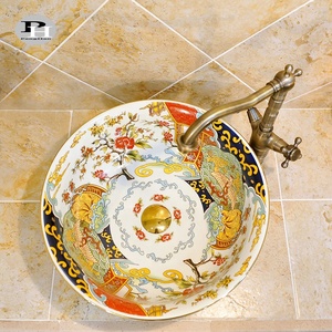 Jingdezhen-lavabo redondo de cerámica colorido para baño, lavamanos pintado chino, color verde - Product Image 6