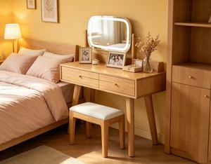 Premium Solid Oak Dressing Table Set Adjustable LED <b>Light</b> <b>Mirror</b> Double Drawer Bedroom Makeup <b>Vanity</b> With Stool - Product Image 5