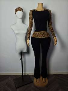 ชุดลำลองสำหรับสาวไซส์ใหญ่และสูง เสื้อคอเหลี่ยมแขนยาวพร้อมกางเกงทรงบานลายเสือดาวสำหรับใส่ลำลอง - Product Image 2