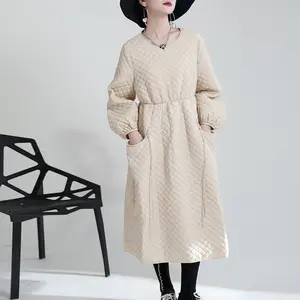 Designer Clothes Rhombus Waist Bud Cotton Dress Mid-Length Simple Round Neck Dress 2022 Winter Clothes For Women