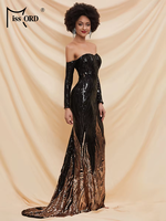 Robe de Soirée de Robe de Bal de Luxe Élégante et Longue à Épaules Sirène Noire à Paillettes