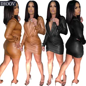 IHOOV Long Sleeve Faux Leather Stacked Sexy Deep V Neck Pu synthetic leather Mini evening women dresses