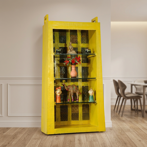 Indian Solid Wooden Yellow Hand <b>Painted</b> Decorative Display Showpiece with 3 Glass Shelf Furniture for Living Room Hotel - Product Image 1