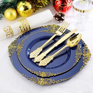 Blue with Gold Rim plastic plate sets for wedding