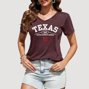 Amazon new slim fit t shirt Graphic v neck t-shirt women TEXAS 1845 UNITED STATES OF AMERICA letter print casual t-shirt women