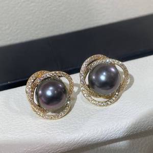 Boucles d'oreilles clous en perles de Tahiti entrelacées 9-10mm, couleur naturelle, presque rondes, haute brillance, bijoux en perles d'eau de mer - Product Image 5