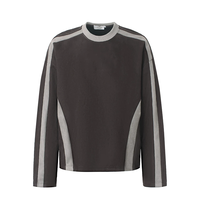 OEM ODM Pria Sweatshirt Lengan Panjang Bahan Suede Imitasi Kerah Bulat Garis Samping Melengkung Warna Biru Kontras Raglan Vintage Color Block