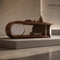 Table basse en noyer courbée de style minimaliste italien, table à cocktail de luxe en forme de feuille avec accent en marbre pour la maison et l'hôtel